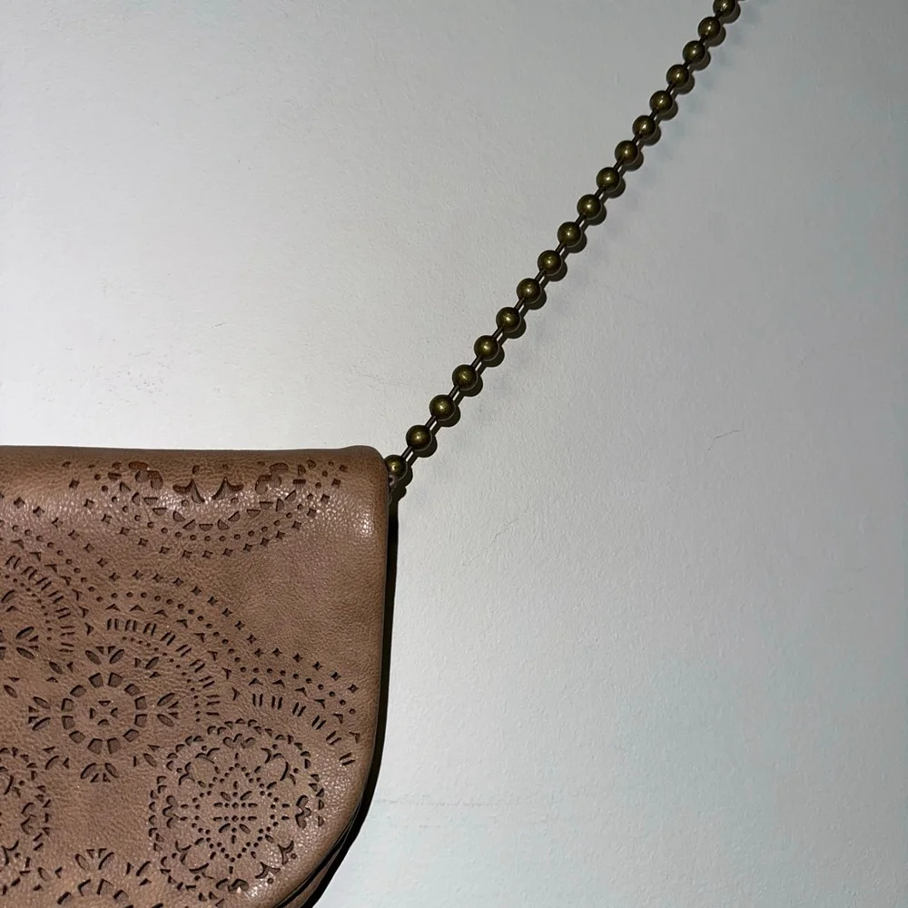 T-Shirt & Jeans Tan Laser Cut Crossbody Bag geometric ball chain strap purse